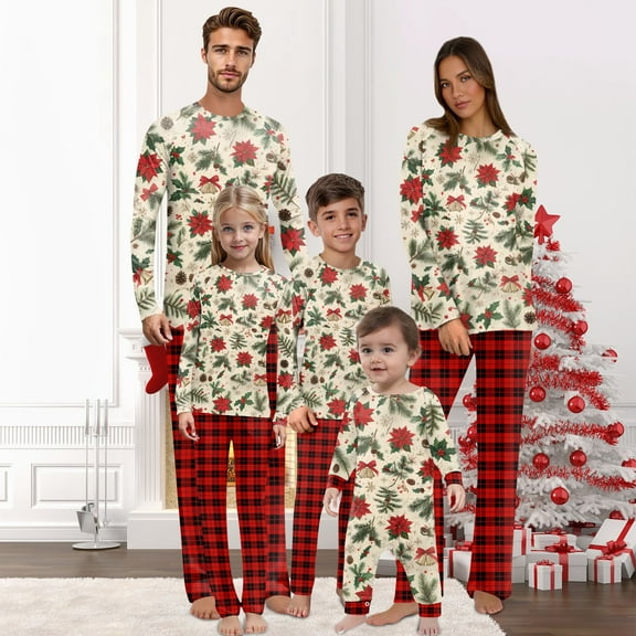 Onlypjs Family Christmas Pajamas Matching Sets for Men, Women and Couples – Cream Holiday Floral & Pine Print Tops with Red Plaid Pants