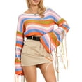 thumbnail image 2 of Cenuakty Women's Fall Cropped Knit Tops Stripe Print O-Neck Tassel Long Sleeve Spring Loose Sweaters Knitwear, 2 of 9