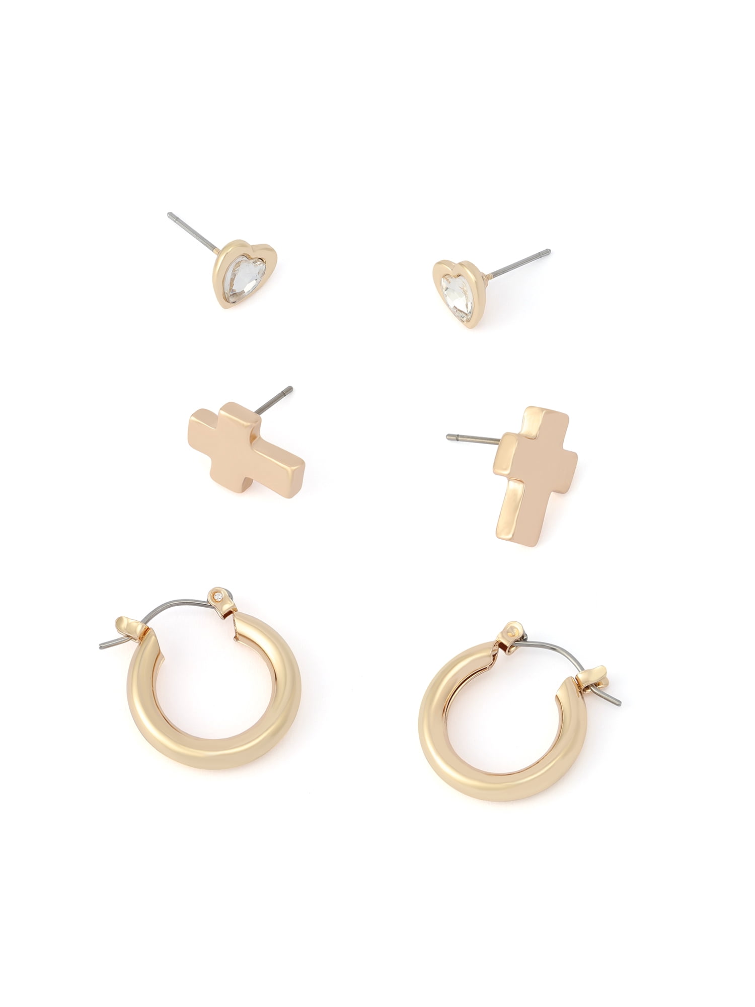 Madden NYC Women's Fashion Gold-Tone Cross Stud & Huggie 3-Piece Earring Set