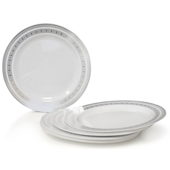 OCCASIONS Lot de 240 Assiettes, Assiettes en Plastique Jetables pour Mariage (10.5 Pieds' Assiette à Dîner, Dentelle en Blanc & Argent)