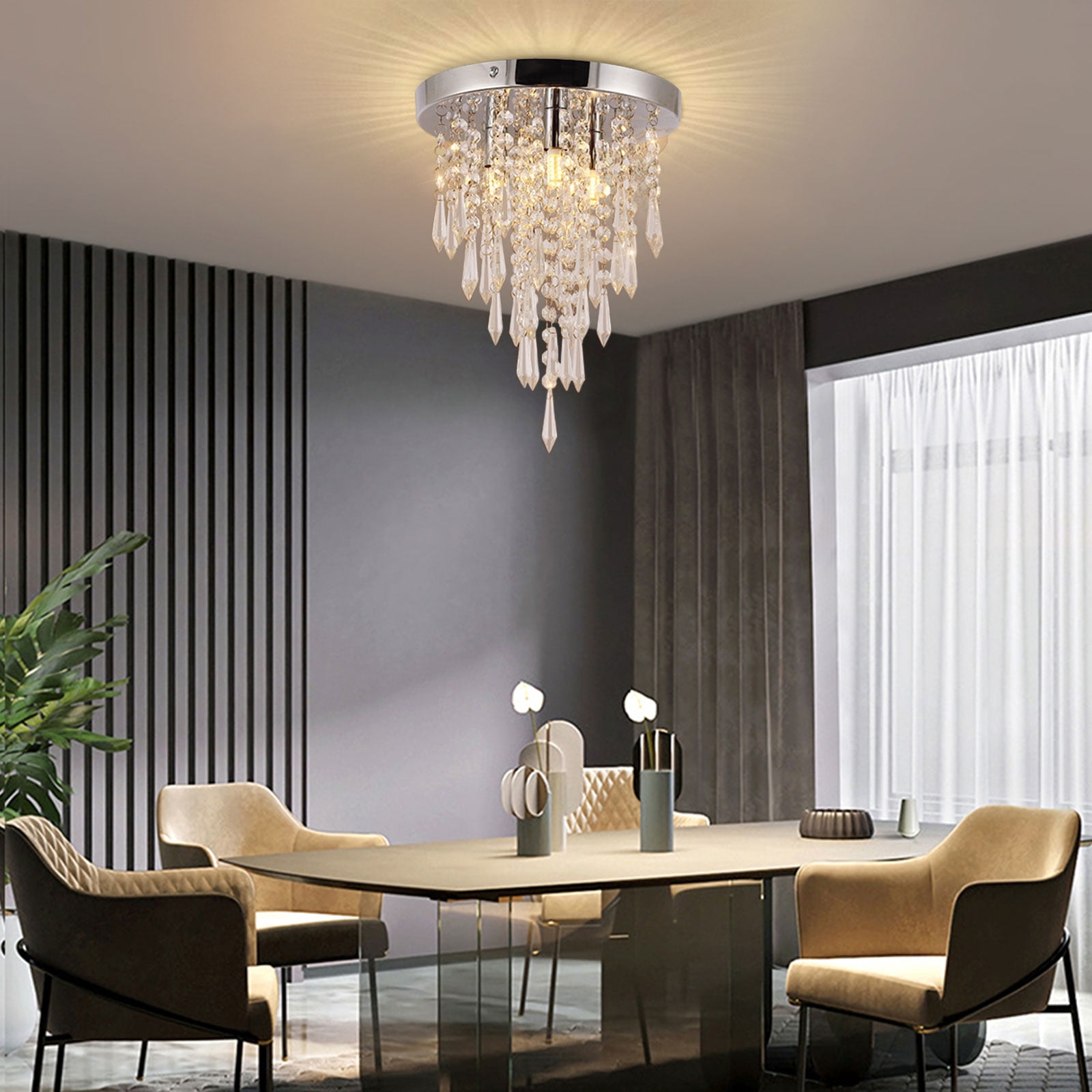 Ceiling Lights, Chrome Body with Transparent K9 Crystal, 3 G9 Bulbs (Not Included), Sparkling Design, Perfect for Living Room, Kitchen, and Aisles