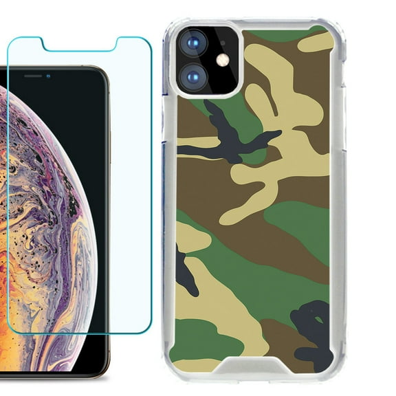 For Apple iPhone 11 Case, Hybrid Bumper Phone Case, with Tempered Glass Screen Protector, by OneToughShield ® - Camo Green