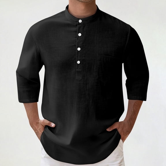 ZHOGXU Men's Summer Shirt 3/4 Sleeve Stand Collar Solid Color Buttons Fashion Comfortable Blouse For Casual Daily Wear,Black,L