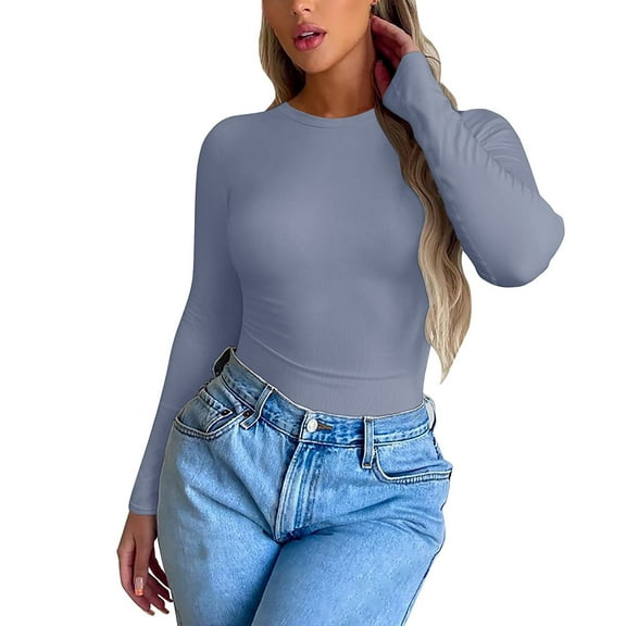 WNEGSTG Long Sleeve Shirts for Women Leisure Tight Elastic Solid Round Neck T Shirt Top Blue