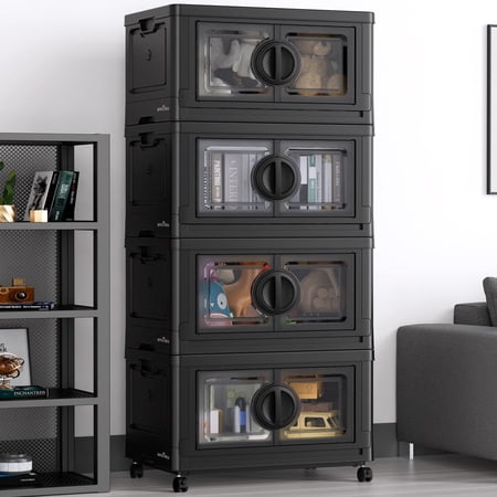 BROVIEW 480Qt Plastic Storage Bins with Lids, Large Stackable Storage Bins with Wheels, 120Gal Collapsible Closet Organizer and Storage Drawers, Storage Cabinets for Home, Office, 4 Pack, Black