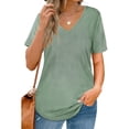 thumbnail image 2 of Camiseta de mujer Color puro Pit Strip cuello en V manga corta Top señoras suelta camiseta Casual, 2 of 6