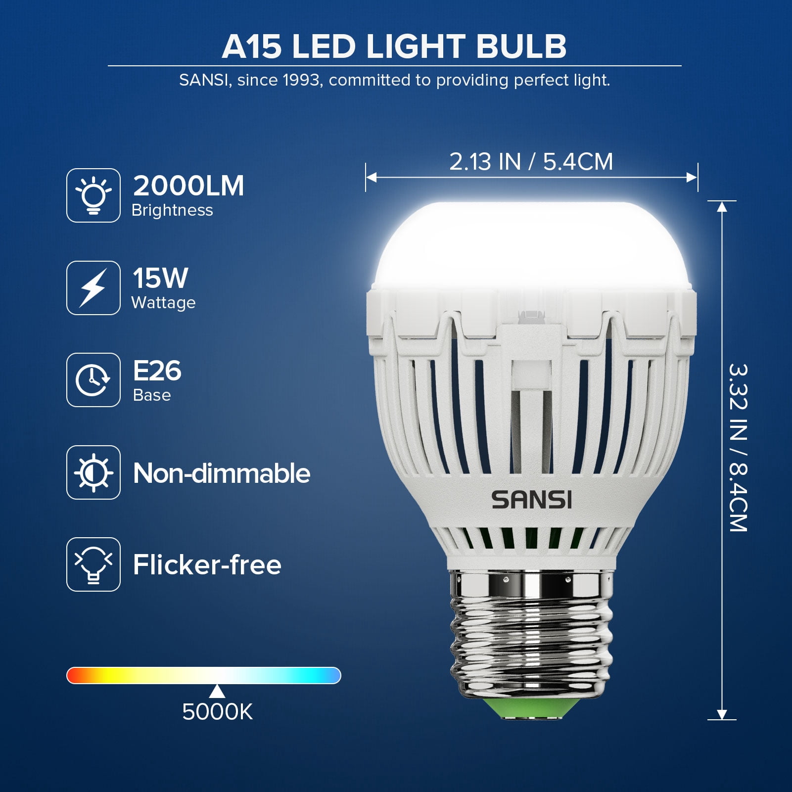 SANSI 15W A15 LED Light Bulb, 2000 Lumens, 5000K Daylight White, Non-Dimmable, 25000 Hours, 4-Pack
