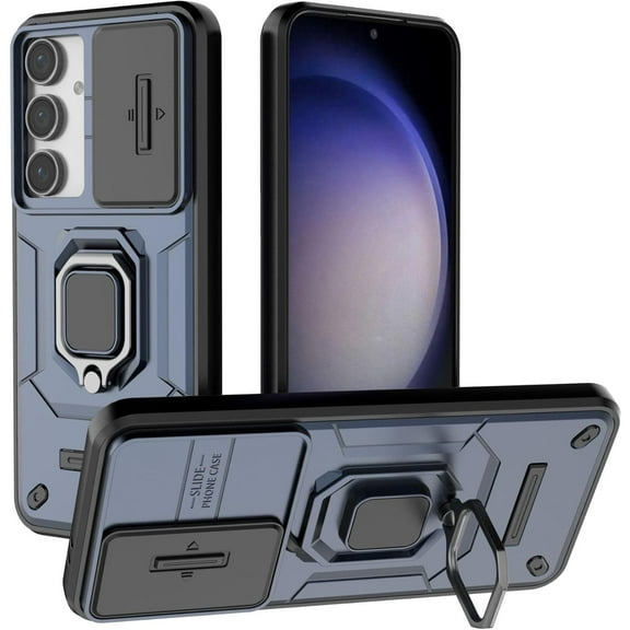 Case for Galaxy S24 FE,Military Slide Lens Camera Protection [Built-in Kickstand] Magnetic Metal Ring Holder Heavy Duty TPU PC Shockproof Phone Case for Samsung Galaxy S24 FE 5G 2024 (Blue)