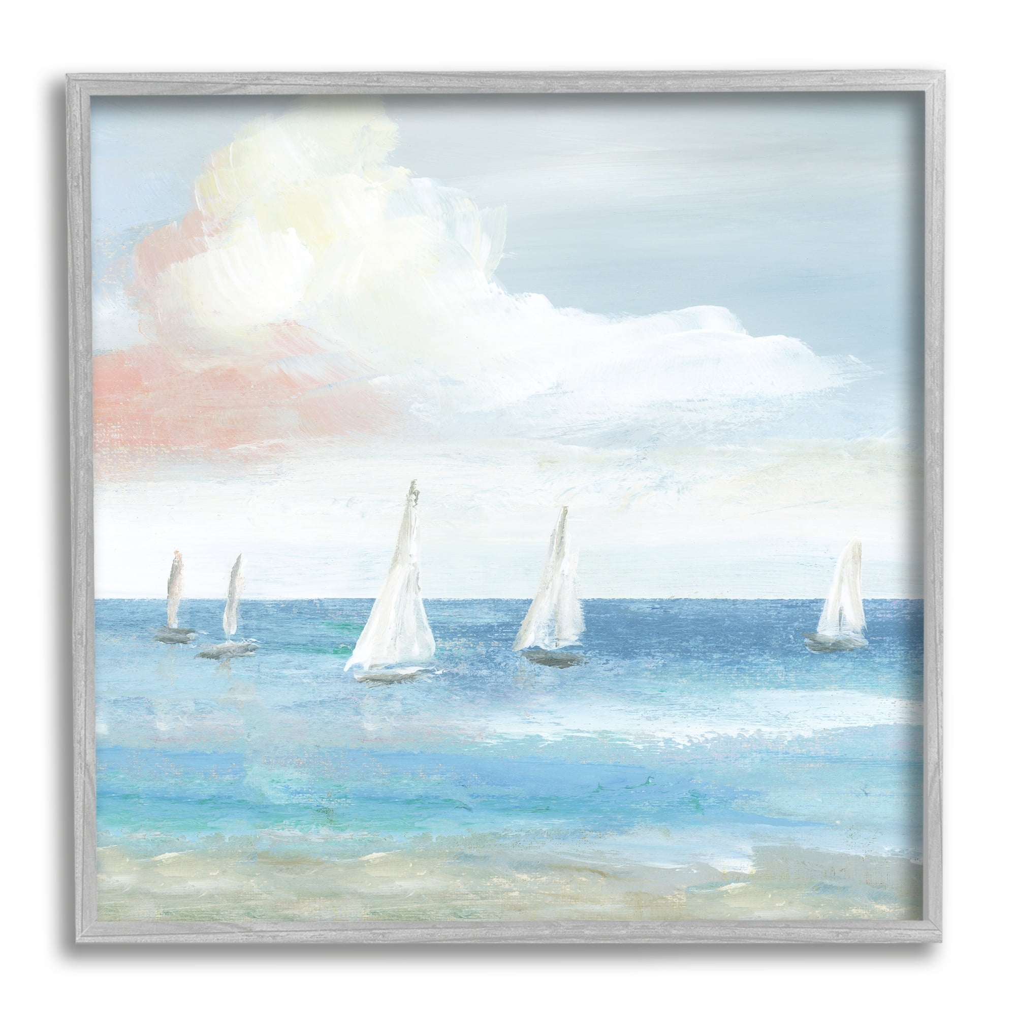 Stupell Industries Quiet Sailboats Ocean Water Waves Puffy Clouds Painting Gray Framed Art Print Wall Art, Design by Nan