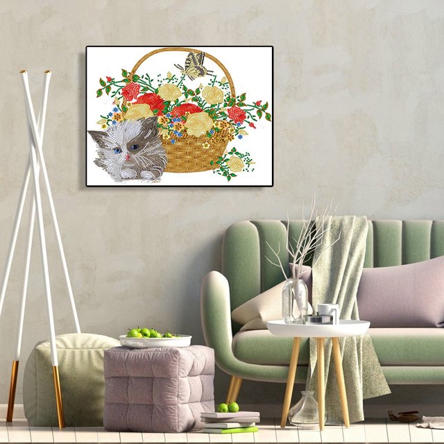 Cuadros Decorativos 5D bricolaje en forma especial parcial taladro diamante pintura flor gato decoración (YXC444) Wdftyju embutido en tela