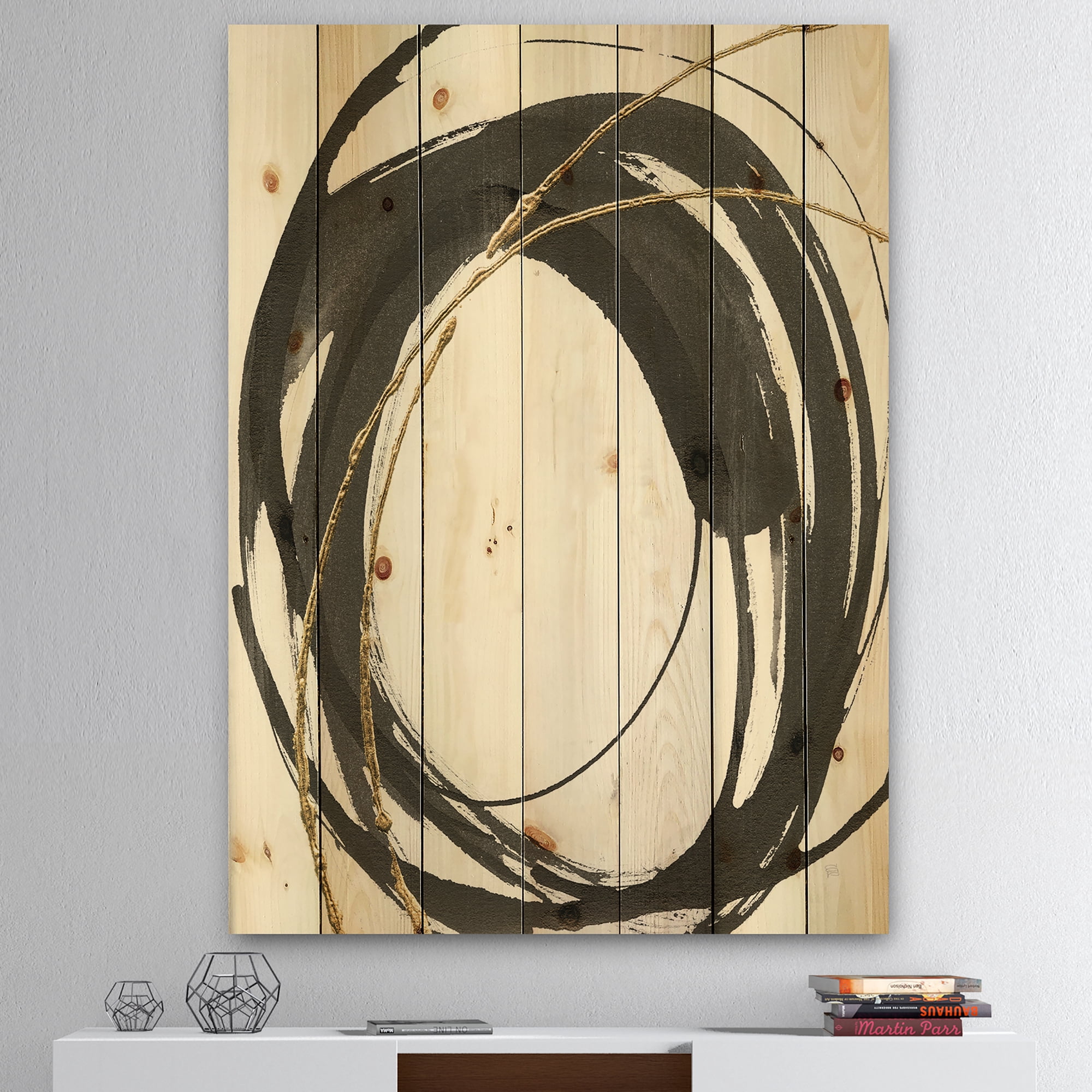 Designart 'Gold Glamour Circle I' Posh & Luxe Print on Natural Pine Wood