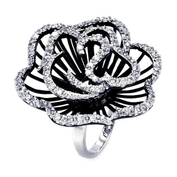 Sterling Silver 925 Black Rhodium Plated Clear CZ Rose Flower Ring White Jewelry Female Size 9