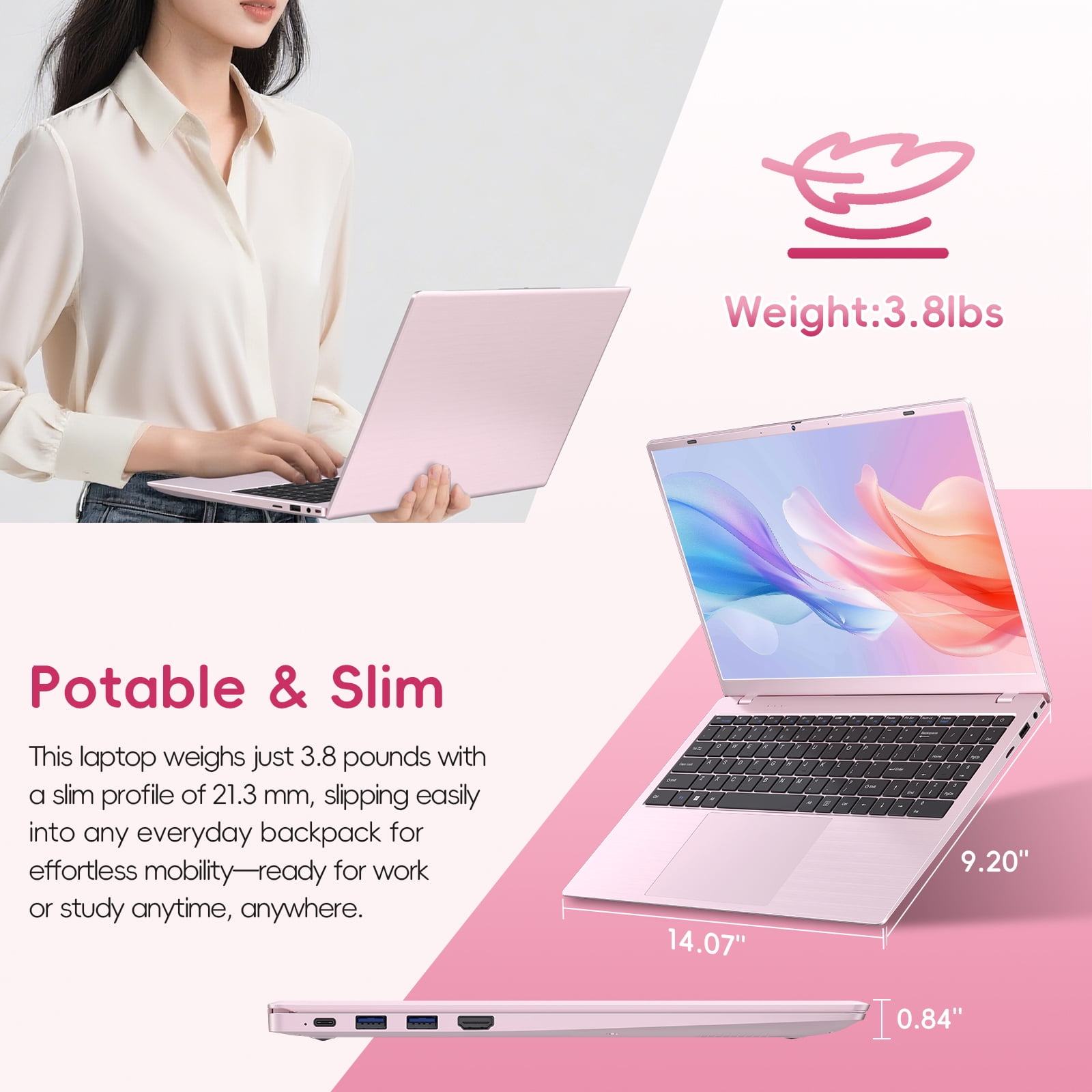 HYYUO 15.6" Laptop Computer, 8GB RAM 256GB SSD, Intel 6500Y with 2 Cores 4 Thread, Up to 3.4GHz, FHD Display, Laptop for Business, Student, Office, Pink, Lightweight, Windows 11 Laptop