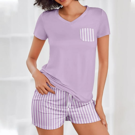 GERsome Womens Pajama Sets 2 Piece Soft Short Sleeve Tops and Shorts Sleepwear V Neck Pjs Lounge Set S-2XL (Purple,M)