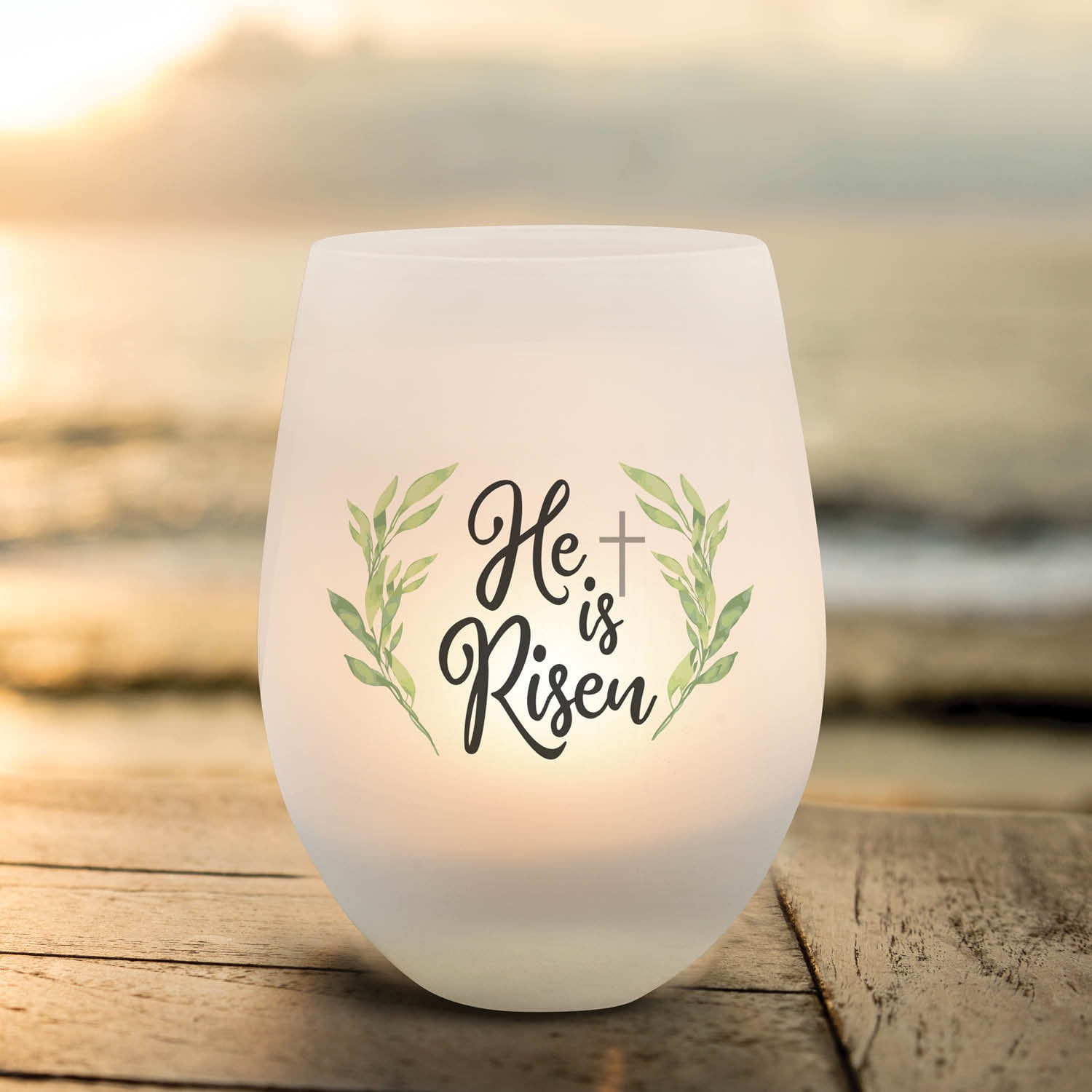 Personalized Planet He Is Risen Frosted Glass Mason Jar Votive Candle Holder