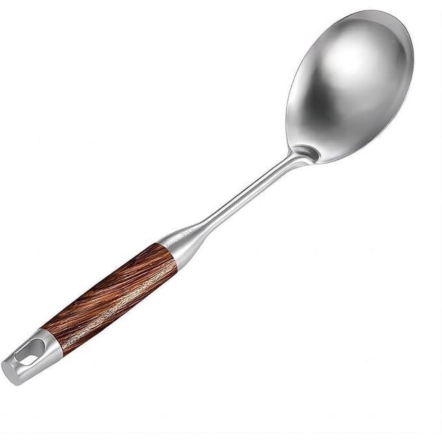 Cucharas grandes de acero inoxidable para cocinar, cuchara de metal con mango de madera, cuchara de cocina grande para cocinar, mezclar, 32 x 8 cm, color marrón plateado