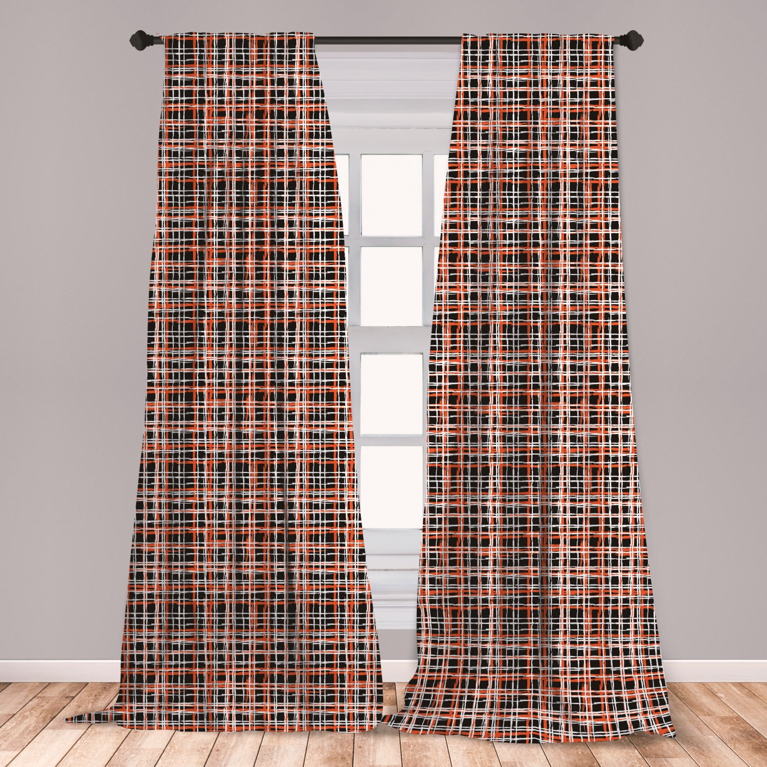 Retro Curtains 2 Panels Set, Vintage Striped Pattern with Brushed Lines