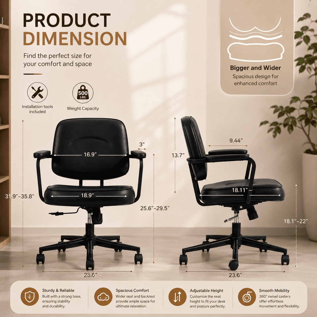 Ergonomic Office Chair, PU Leather Executive Desk Chair with Fixed Armrests, Adjustable Height, Rocking Function, 360° Swivel Rolling Wheels Black