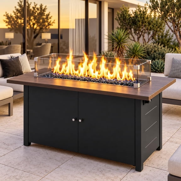 LAUSAINT HOME 43" Outdoor Fire Pit Table , 55,000 BTU Patio Propane Fire Pit with Wood Grain Tabletop & Wind Guard, Black