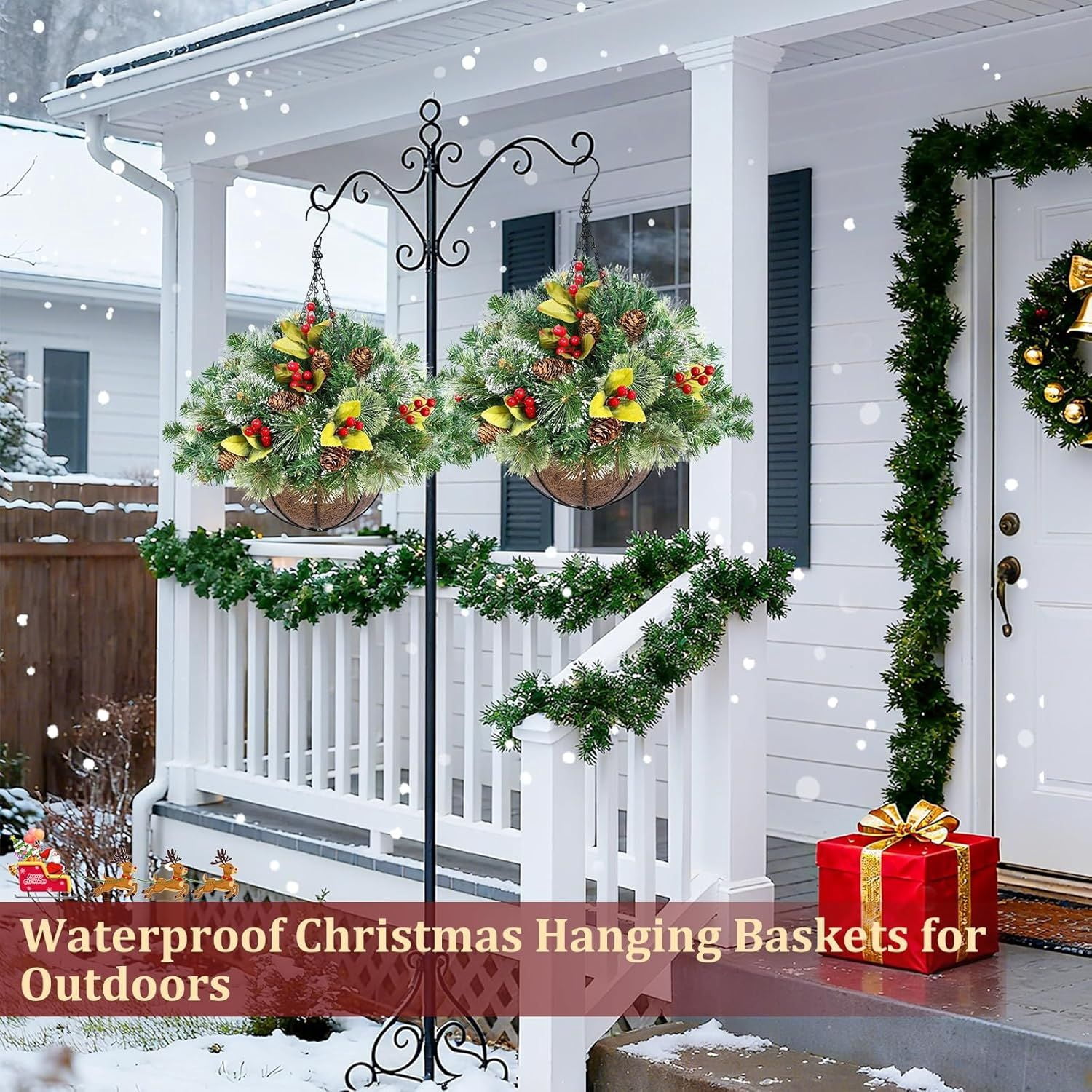 20 Inch Christmas Hanging Basket Decorations with 30LED Warm White & Multicolored Light, Remote Control, 8 Mode, Timer, Lifelike Scots Pine Bristles Hanging Christmas Decor