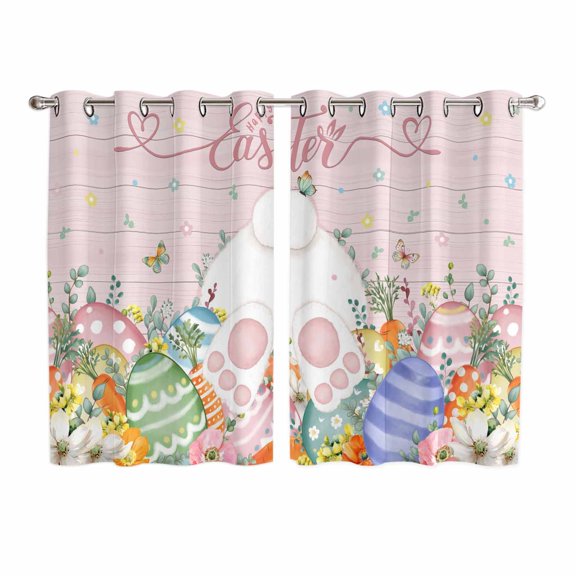 Easter Kitchen Curtains Window Panels, Country Rabbit Feet Eggs Leaves Pink Wooden Grain Insulated Window Treatment Curtain, Grommet Curtains for Bedroom/Living Room/Bathroom, 2 Piece 52"Wx63"L