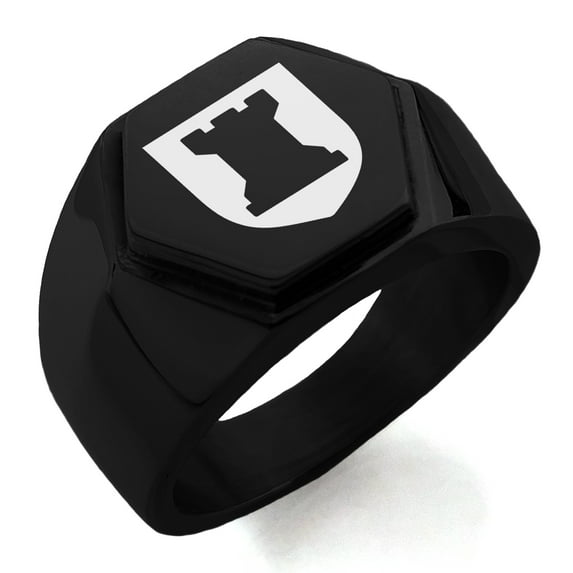 Stainless Steel Rook Strategy Coat of Arms Shield Engraved Hexagon Crest Flat Top Biker Style Polished Ring