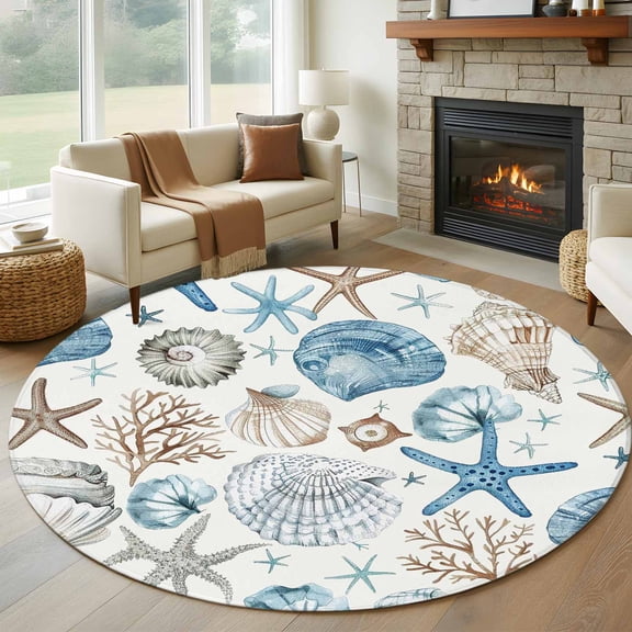 8ft Round Rug, Blue Beige Coastal Non-Skid Rubber Backing Large Area Rugs - Living Room Bedroom Home Office, Summer Beach Starfish Shell Nautical Indoor Floor Mat Carpets Washable Rug