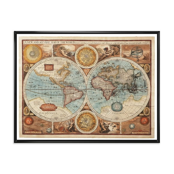 Designart Ancient Map of The World VIII FLOAT FRAME WALL ART