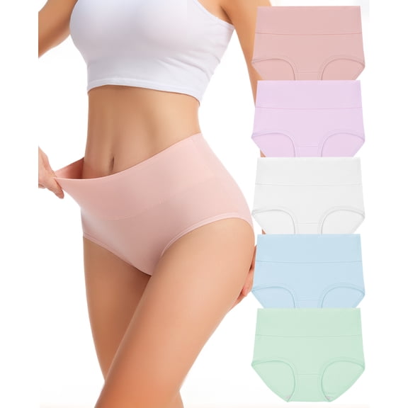 Gingprous Womens Cotton Underwear High Waist Full Coverage Briefs Soft Breathable Panties Stretch Underpants 5 Pack