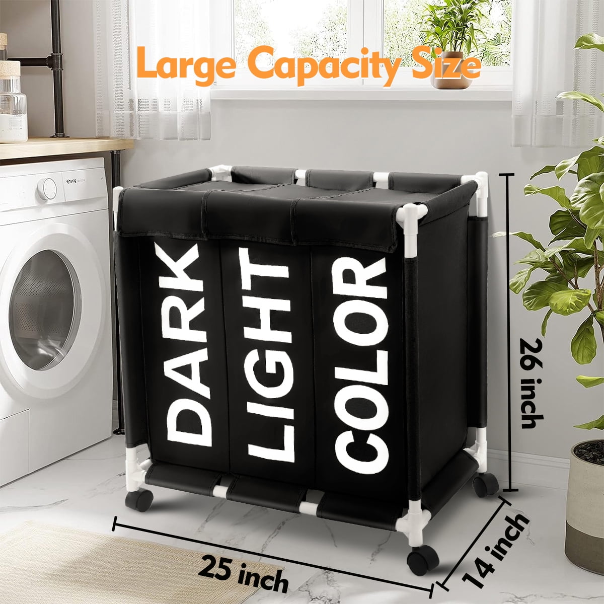 Laundry Hamper,Laundry Basket with Wheels and Lids,Brochao 150L 3 Section Laundry Sorter Cart,Laundry Bag for Clothes Toys Storage,Black
