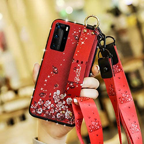 Case for Huawei P20 Pro, Rhinestone Painting Cloth Embossed Stylish Soft TPU Frame Glitter Thin Multicolor Soft Holder Stand Wrist Strap Full Protection Bumper, by IBAOLE -Purple Red Huawei P40 Pro+
