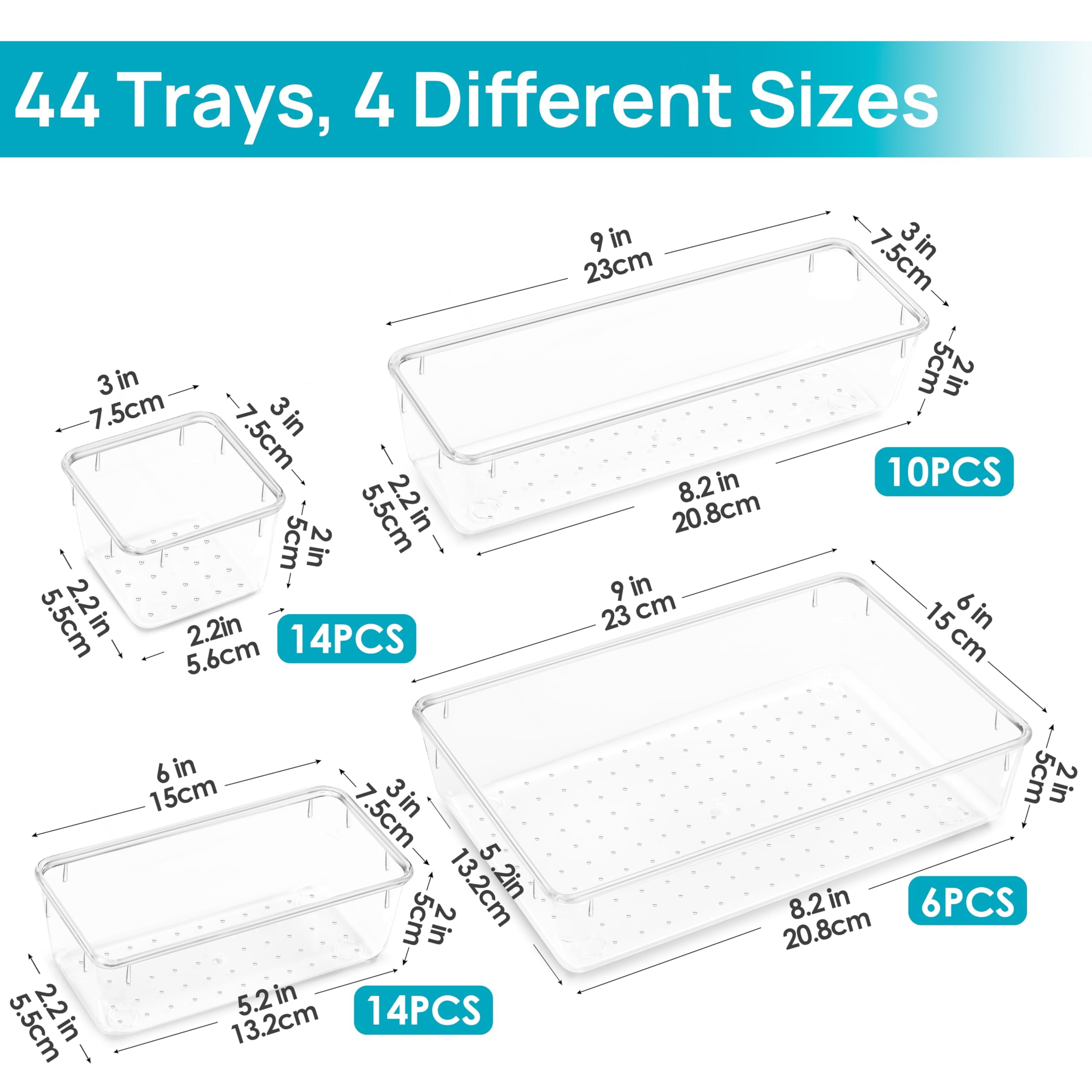 44 PCS Clear Plastic Drawer Organizers Set, 4-Size Versatile Bathroom and Vanity Organizer Trays, Non-Slip Storage Containers for Makeup, Jewelries, Bedroom，Kitchen Utensils and Office