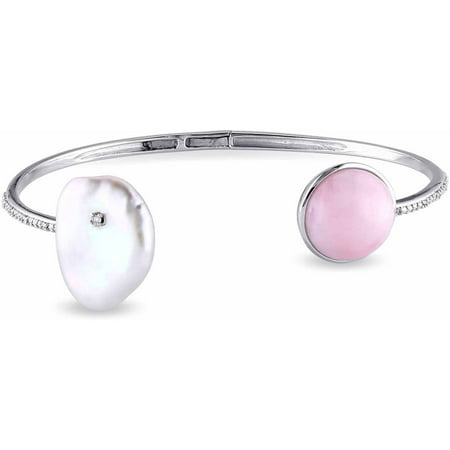 Tangelo 17.5-18mm White Fancy Keshi Pearl and 4-1/2 Carat T.G.W. Rose Opal and Diamond-Accent Sterling Silver Cuff Bangle Bracelet, 7