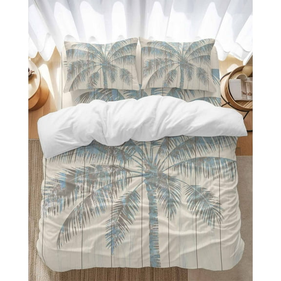 Mottled Palm Trees Bedding Duvet Cover Set Full Size 4 Pieces Tropical Plant Retro Wood Grain Bedding Set with Zipper Closure, 1 Comforter Cover 86x86 Inches 1 Flat Sheet & 2 Pillow Cases