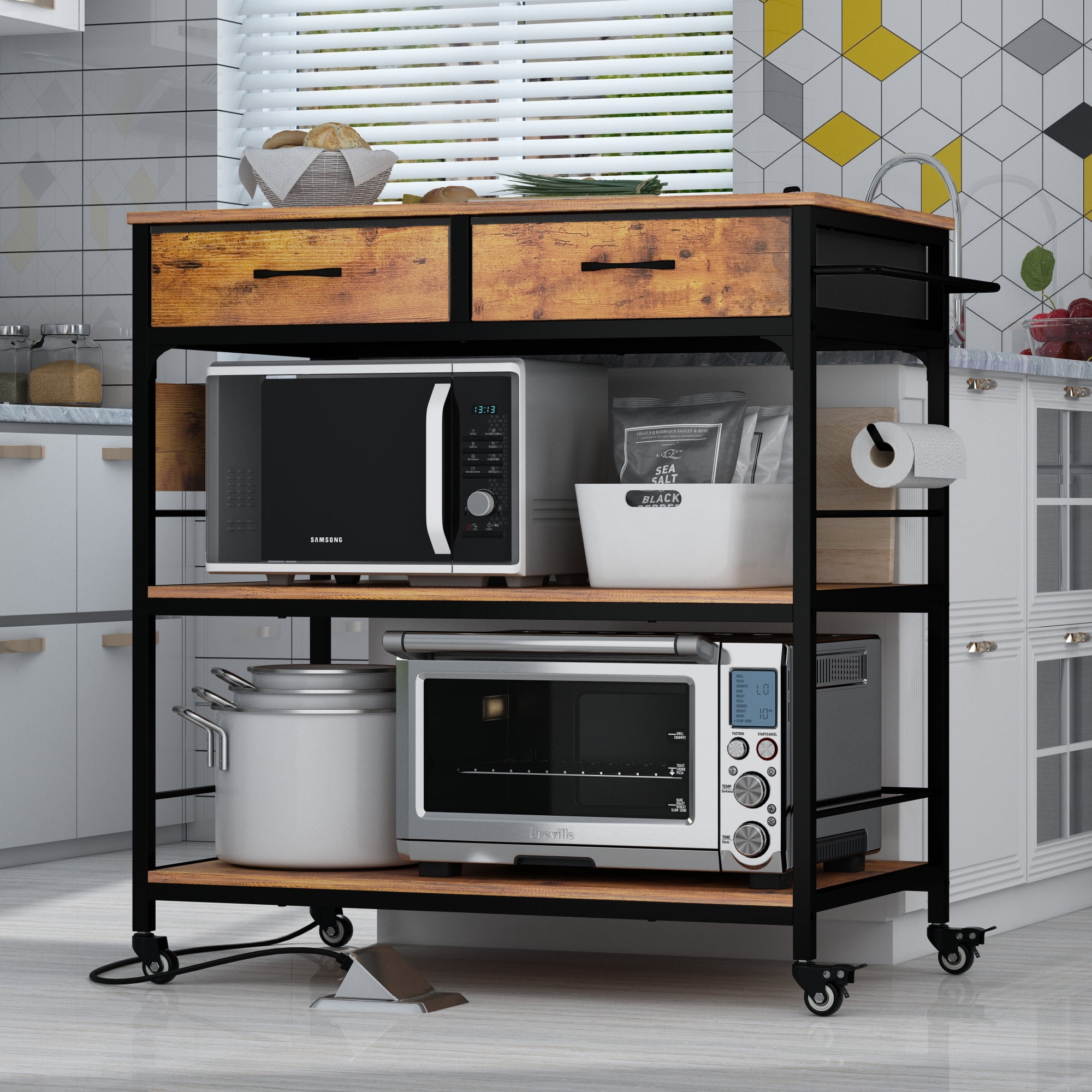 NAIYUFA Adjustable Kitchen Island with Large Capacity Wood , 3 Tiers Rolling Storage Cart with Power Outlet, Movable Microwave oven rack,brown