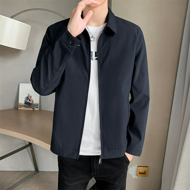 black mens jacket men casual long sleeve autumn winter stand neck top  blouse coat jacket with pockets