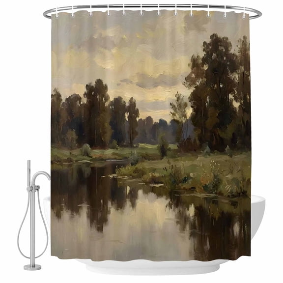 66x72 Inch Shower Curtains for Bathroom, River Valley Fabric Bath Curtain Decor, Forest Sunset Sky Olive Green Waterproof Restroom Curtains Shower Set Accessories with 12 Hooks 66 Inch
