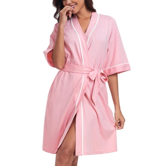 EA'S SECRET Robes for Women 100% Cotton Summer Robes Short Knit Bathrobe Lightweight Knee-Length Loungewear With Pockets(Pink,M)