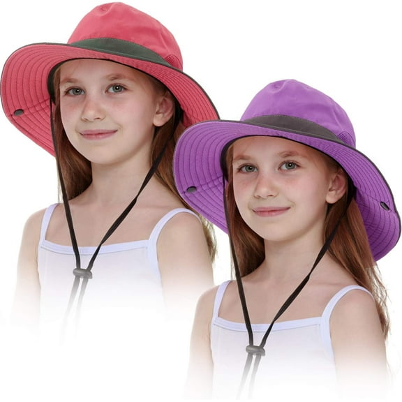 Minzimin 2 Pieces Kids Sun Hat Wide Brim Beach Bucket Cap for Girls Ponytail Foldable UV Protection Hat with Rope for Beach