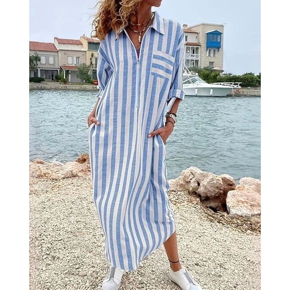 QUNYINEY Long Women's Dresses 3/4 Sleeve Casual Striped Beach Shirt Dress Loose Fit Collared with Pockets Quarter Zip Dresses
