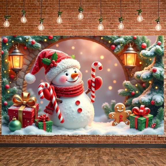 Snowman Design Christmas Banner Candy Cane Snowman Display Gift Box Festive Lantern Xmas Backdrop for Christmas Party Holiday Decoration Indoor Party