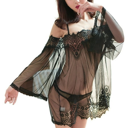 

50pcs Lace Sexy Lingerie Solid Color Nightgown Exotic Costume with Thong - M - Black