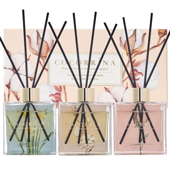 COCORRÍNA Reed Diffuser 3 Pack Gift Set, 3.04 fl oz Each Scent Oil with 24 Reed Sticks, Sandalwood Rose / Cashmere Vanilla / Clean Linen, Aromatherapy Decor for Home, Bathroom & Office