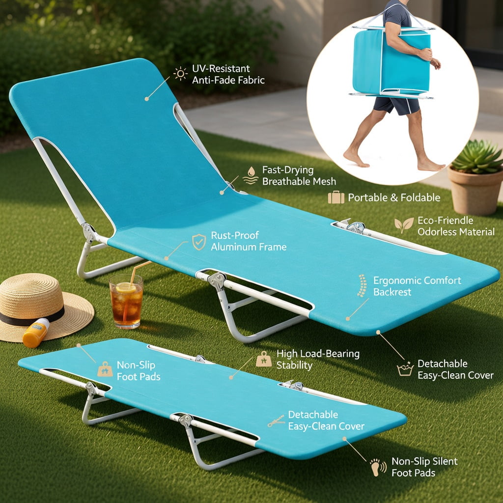 Hommoo 2-Pack Adjustable 5-Position Lay-Flat Beach Lounge Chairs with Carry Strap, Heavy-Duty 600D Oxford & Powder-Coated Metal Frame, Turquoise