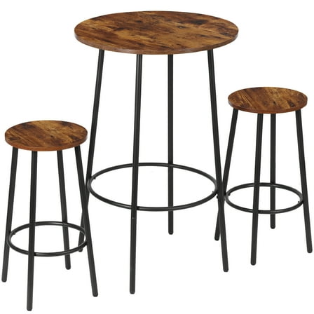 3 Piece Pub Set Round Bar Table and Chairs Set Wood Top Classic Brown