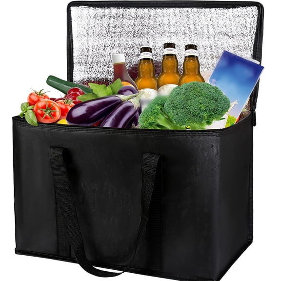 Insulated Reusable Grocery Bags,16.1x13x10.2Inch Collapsible Food Delivery Bag for Groceries,Black Reusable Shopping Bags for Groceries with Zipper