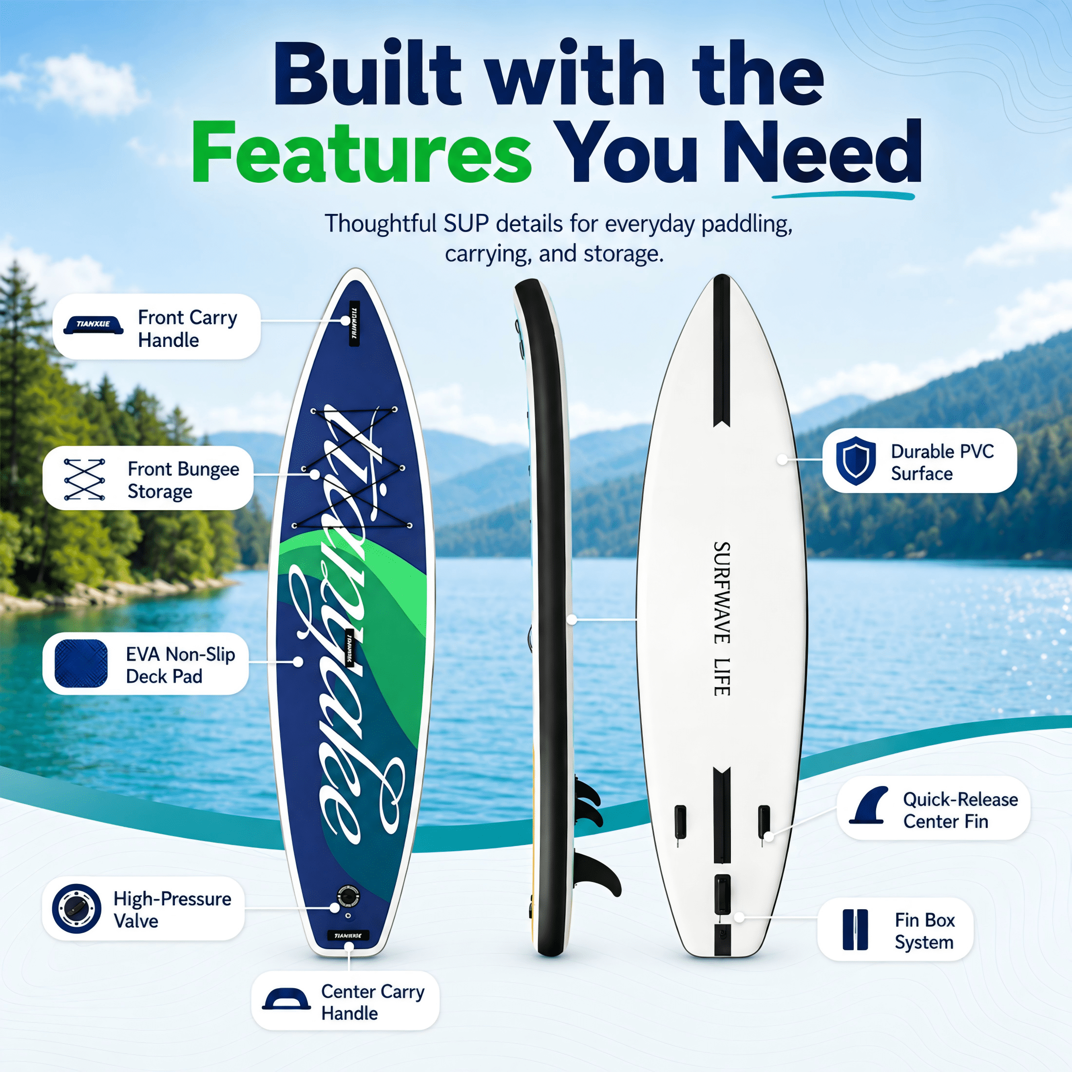 Rayocon 11ft Inflatable Paddle Board, Stand Up SUP Board for Adults & Beginners, Wide Paddleboard with Premium Accessories, Blue Green