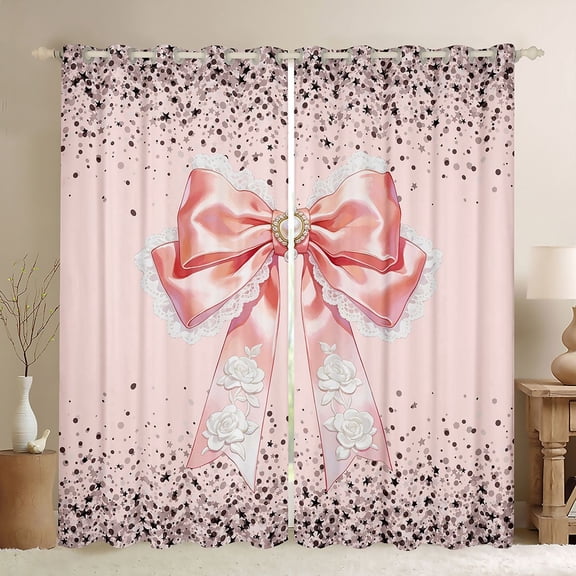 Manfei Pink Bow Pearl Rose Black Out Curtains for Girls, Cute Ribbon Curtains Pack of 2 (42x63 Each)
