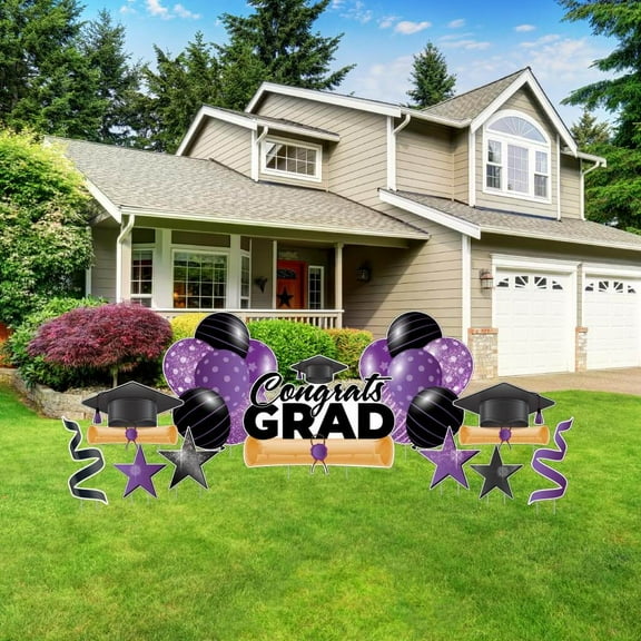 VictoryStore Congrats Grad Purple Graduation Yard Decoration Display, Outdoor Purple Graduation Decoration Display 11 Piece Set 20025F