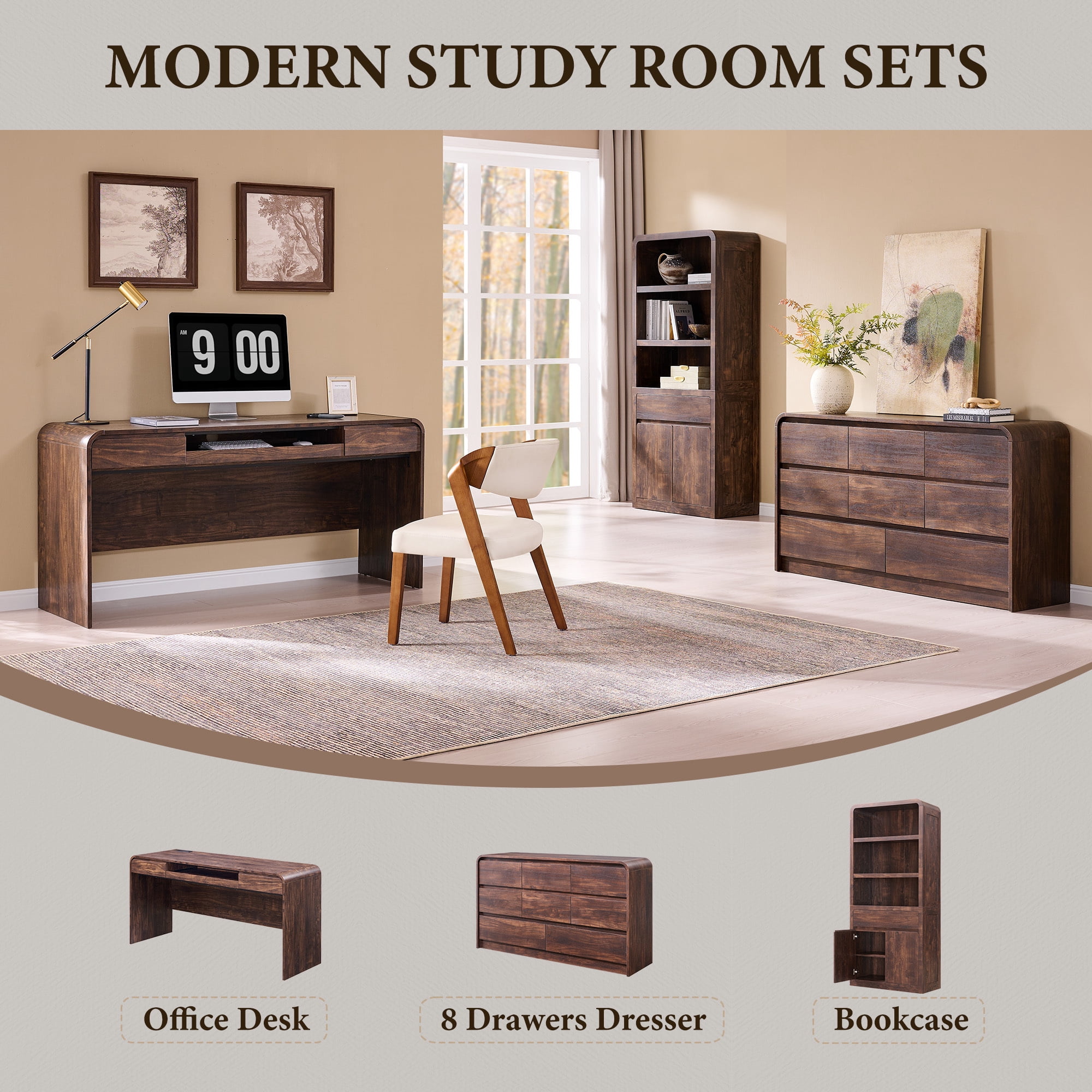 wow97e Modern Computer Desk with Storage Drawers, 57'' Large Executive Office Desk with Charging Station & Keyboard Tray for Home Office